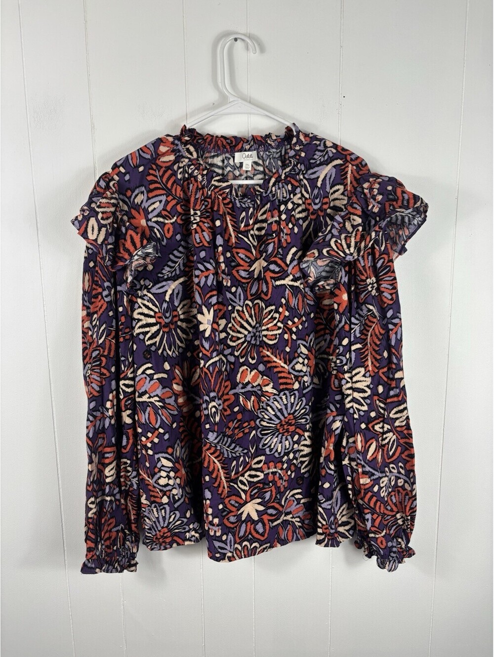 ODDI Floral Long Puff Sleeve Ruffle Blouse 2X Peasant Abstract Artsy Modest